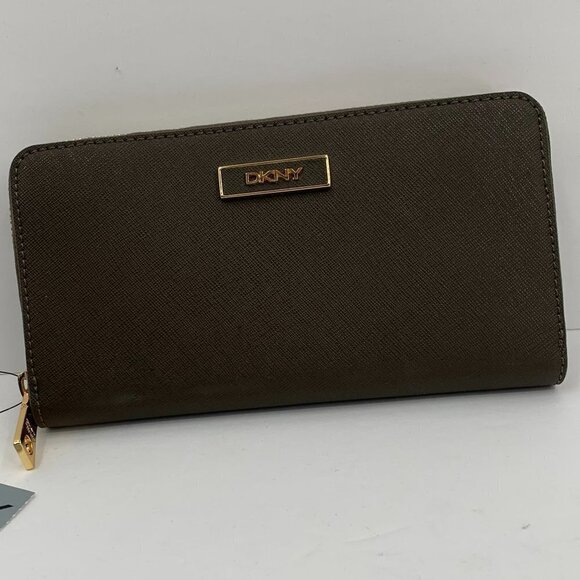 DKNY Donna Karan Saffiano Leather Khaki Zip Continental Wallet logo brown new - Picture 1 of 5